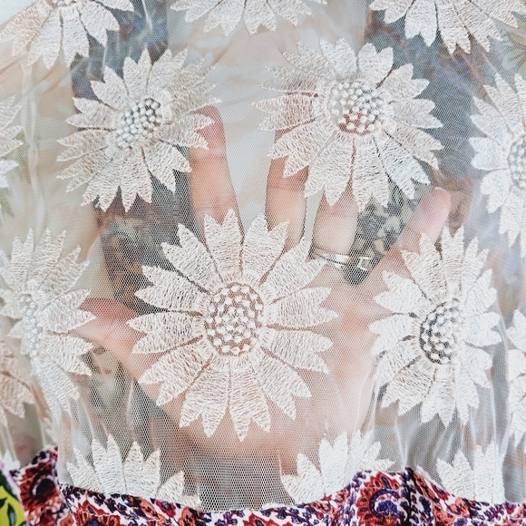 Vincente Boho Mixed Media Print Embroidered Floral Semi Sheer Kimono - Picture 5 of 16